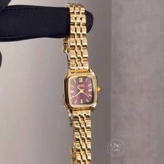 Retro Gold Burgundy Rectangular Stainless Steel Watch for Women