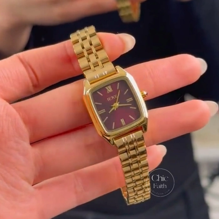 Retro Gold Burgundy Rectangular Stainless Steel Watch for Women