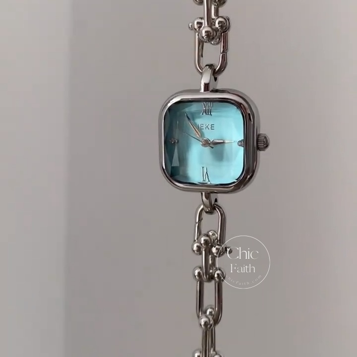 Minimalist Blue Dial Watch Square Face Silver Women's Watch