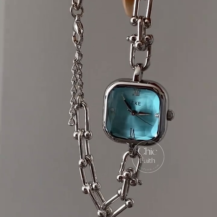 Minimalist Blue Dial Watch Square Face Silver Women's Watch