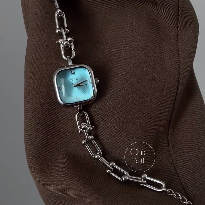 Minimalist Blue Dial Watch Square Face Silver Women's Watch