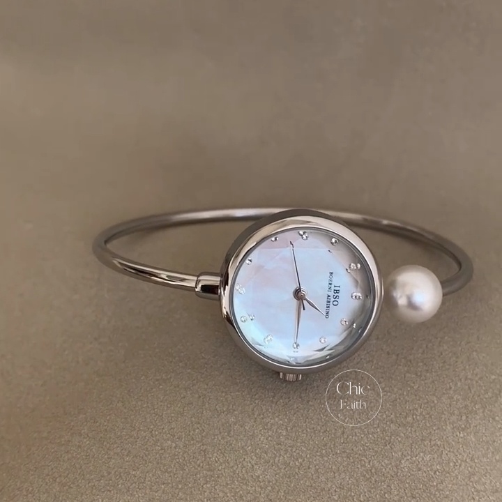 Elegant Blue Mother of Pearl Dial Watch Round Face Silver Ladies Bangle Watch