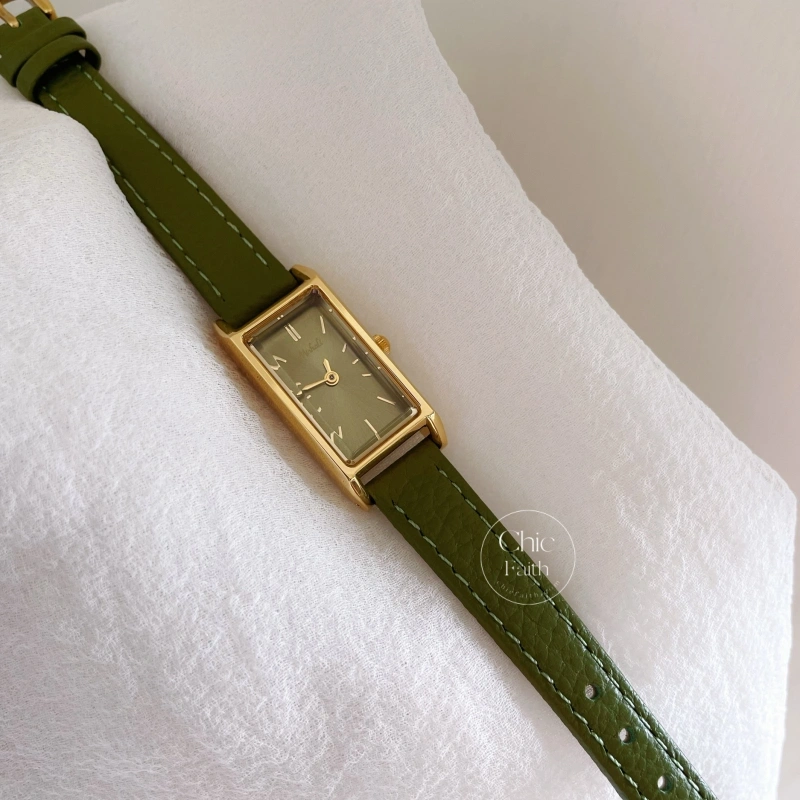 Minimalist Olive Green Rectangle Face Leather Watch for Women