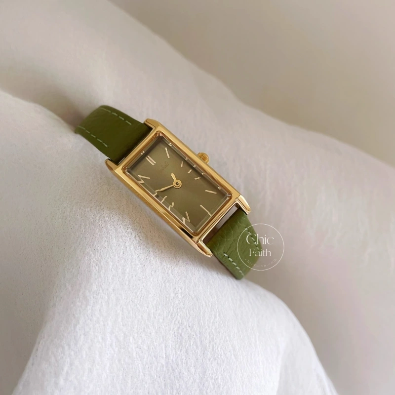 Minimalist Olive Green Rectangle Face Leather Watch for Women