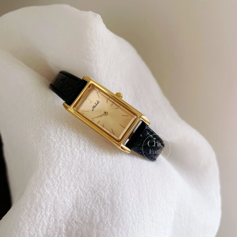Minimalist Olive Green Rectangle Face Leather Watch for Women