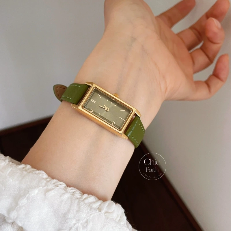 Minimalist Olive Green Rectangle Face Leather Watch for Women