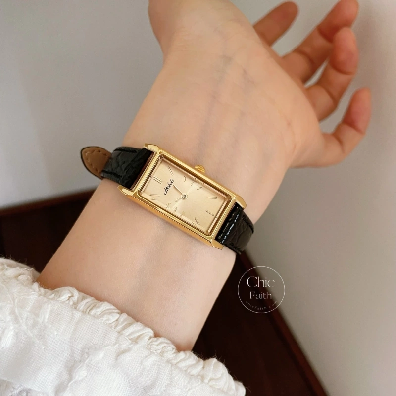 Minimalist Olive Green Rectangle Face Leather Watch for Women