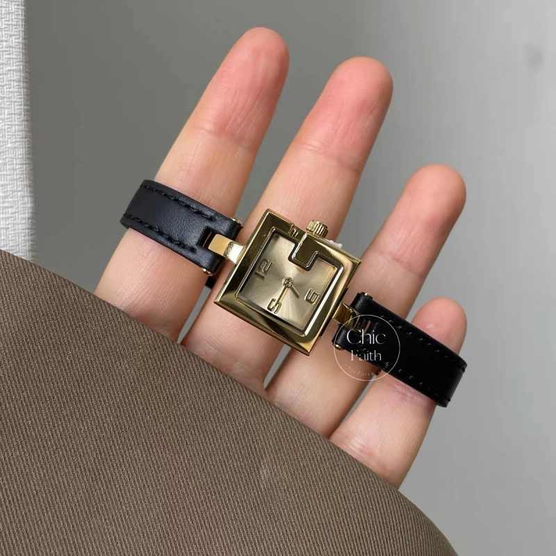 Minimalist Gold Square Face Leather Watch for Women