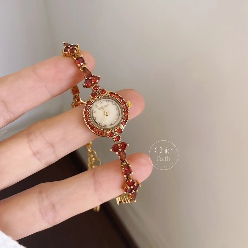 Vintage-Inspired Gold Round Face Red Gemstone Slim Chain Watch for Women