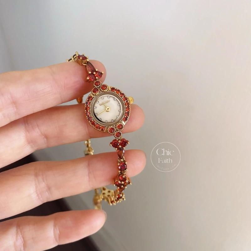 Vintage-Inspired Gold Round Face Red Gemstone Slim Chain Watch for Women