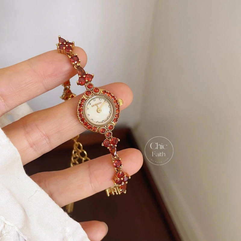 Vintage-Inspired Gold Round Face Red Gemstone Slim Chain Watch for Women
