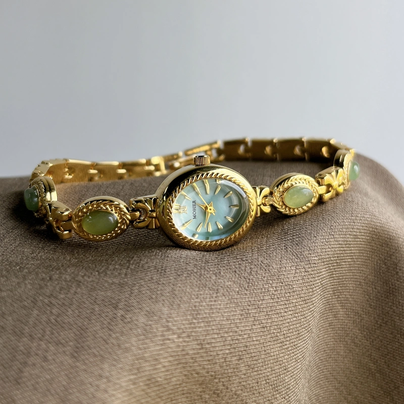 Vintage-Inspired Gold Oval Watch for Women Green Jade Stone Bracelet Watch