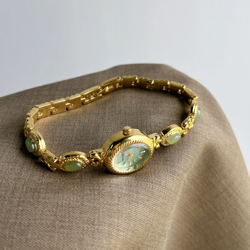 Vintage-Inspired Gold Oval Watch for Women Green Jade Stone Bracelet Watch