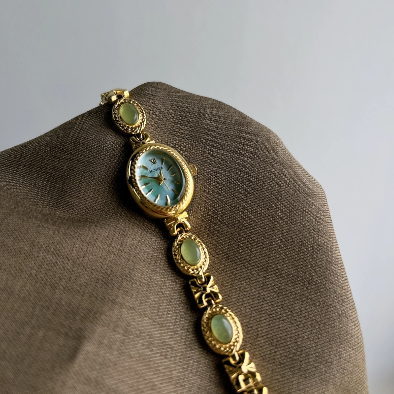 Vintage-Inspired Gold Oval Watch for Women Green Jade Stone Bracelet Watch