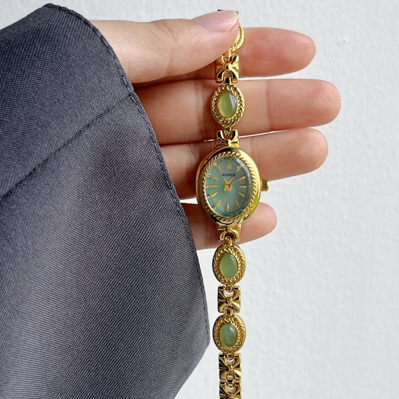 Vintage-Inspired Gold Oval Watch for Women Green Jade Stone Bracelet Watch