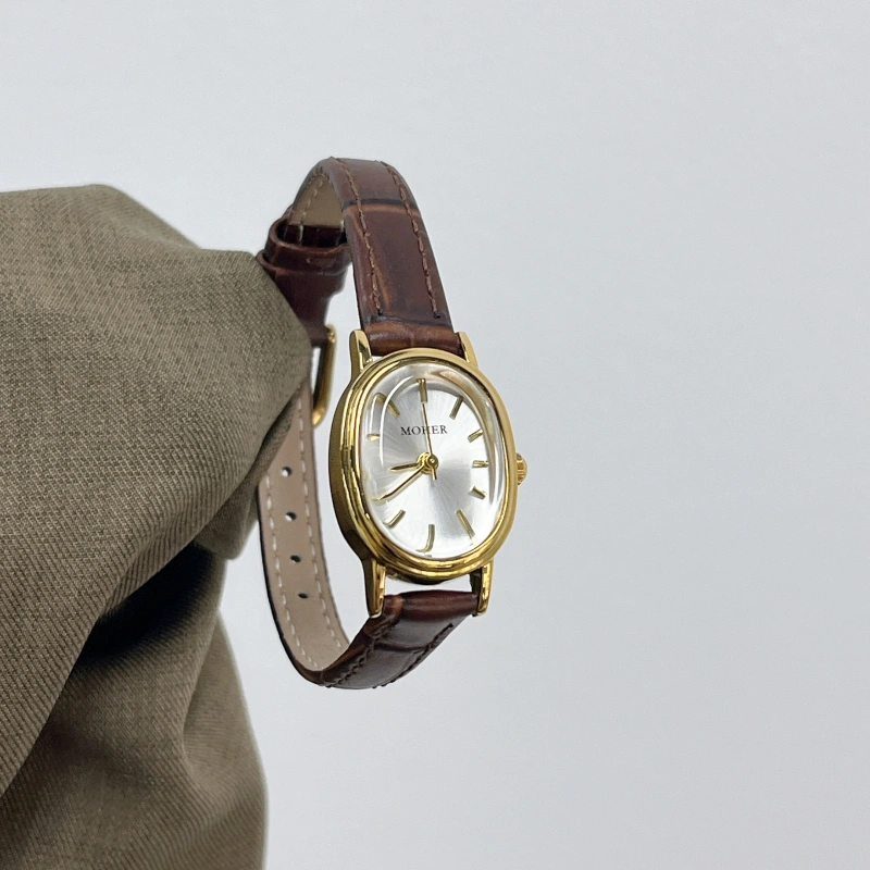 MoHer Watch Gold Oval Brown Leather Band Watch for Women