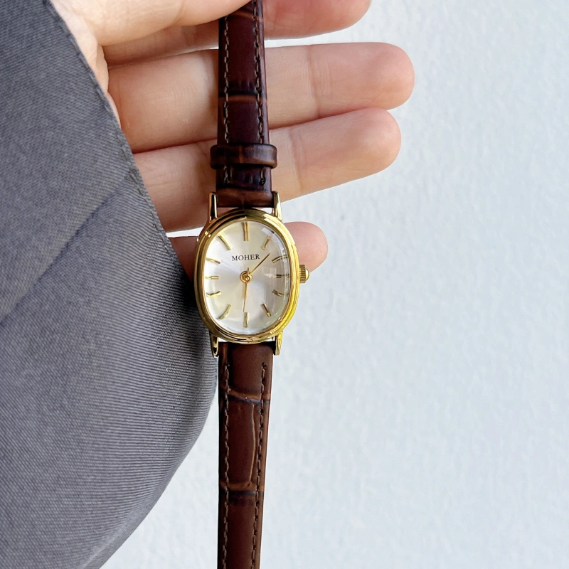MoHer Watch Gold Oval Brown Leather Band Watch for Women