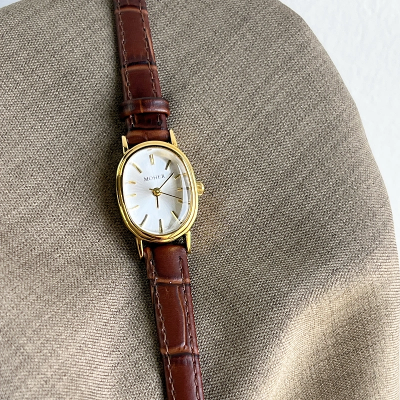 MoHer Watch Gold Oval Brown Leather Band Watch for Women