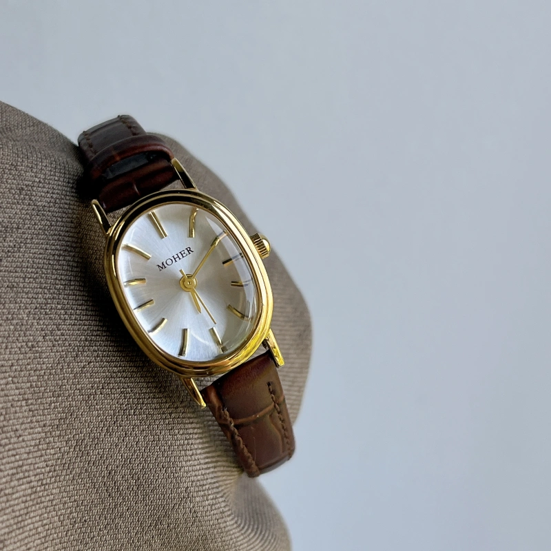 MoHer Watch Gold Oval Brown Leather Band Watch for Women