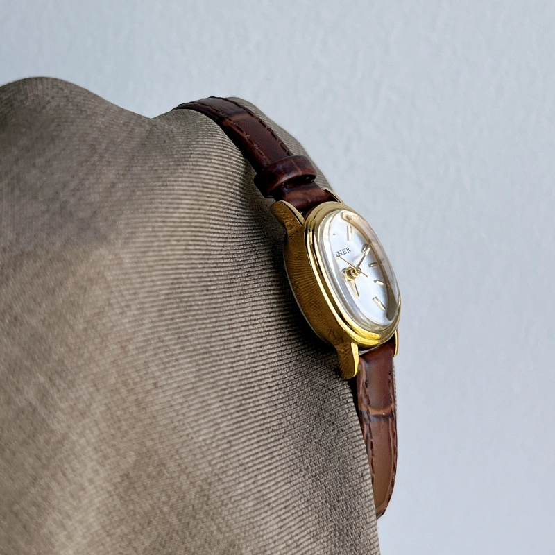 MoHer Watch Gold Oval Brown Leather Band Watch for Women
