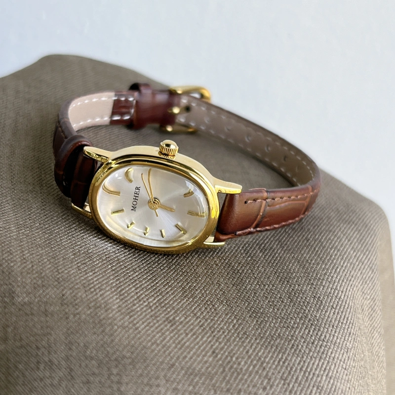 MoHer Watch Gold Oval Brown Leather Band Watch for Women
