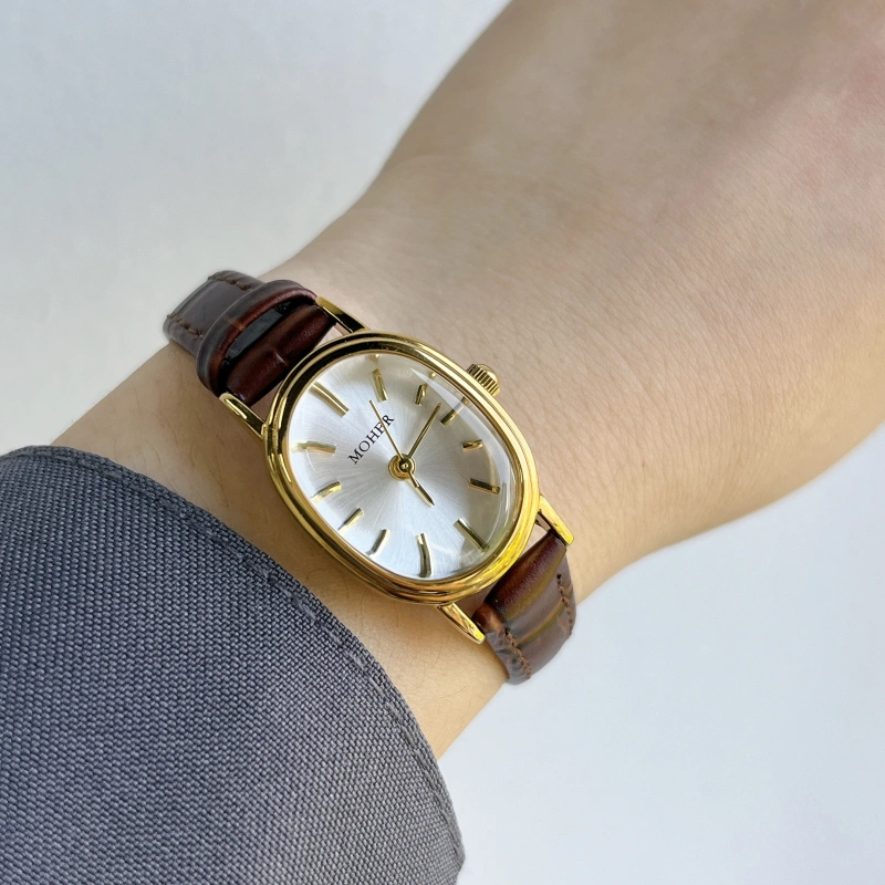 MoHer Watch Gold Oval Brown Leather Band Watch for Women