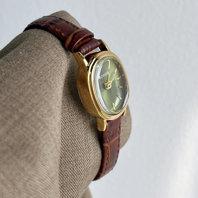 MoHer Watch Olive Green Oval Dial Brown Leather Band Watch for Women