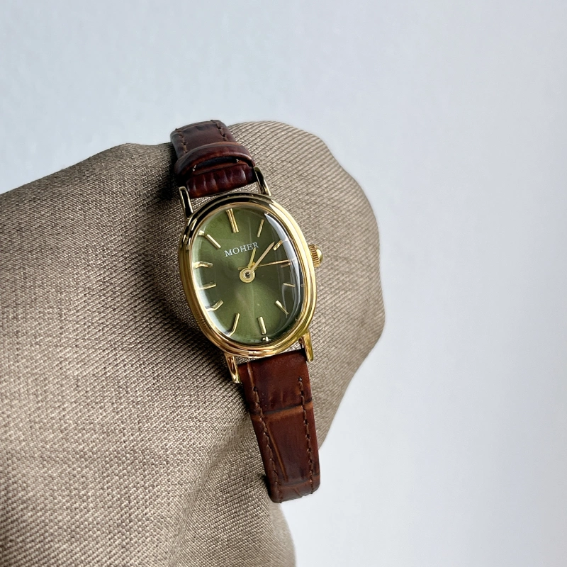 MoHer Watch Olive Green Oval Dial Brown Leather Band Watch for Women