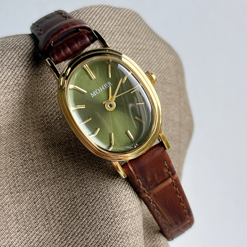 MoHer Watch Olive Green Oval Dial Brown Leather Band Watch for Women