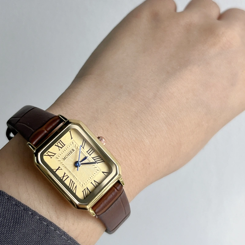 MoHer Watch Gold Rectangle Face Brown Leather Band Watch for Women