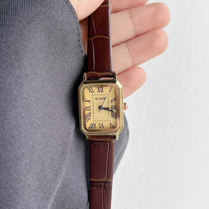 MoHer Watch Gold Rectangle Face Brown Leather Band Watch for Women
