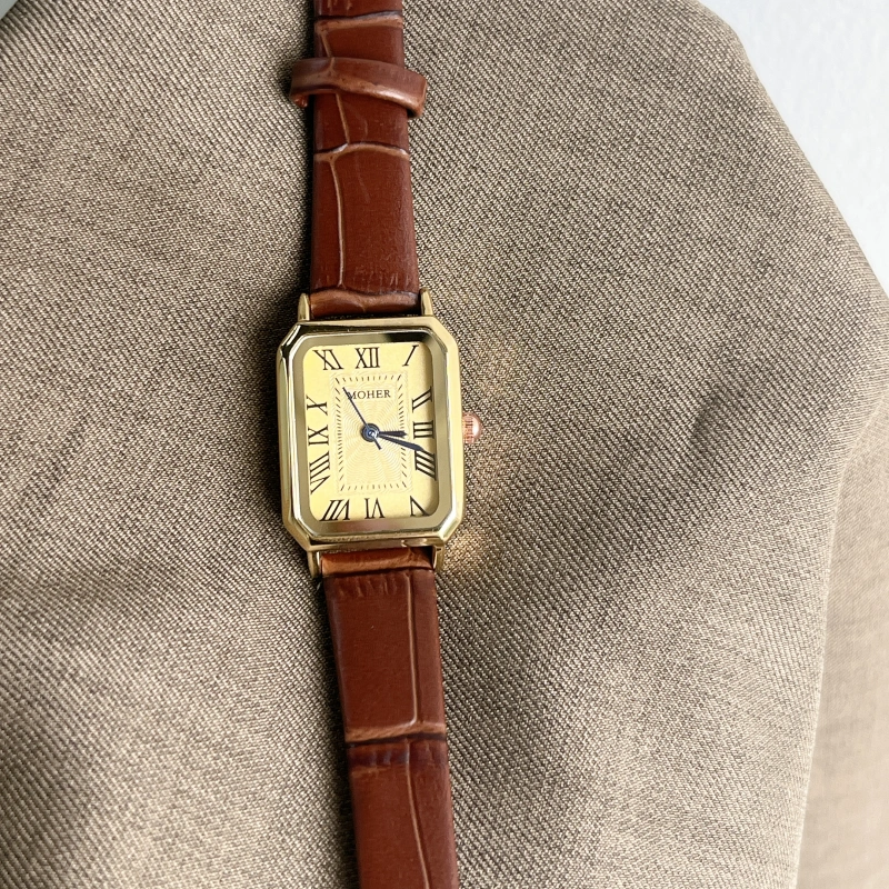 MoHer Watch Gold Rectangle Face Brown Leather Band Watch for Women