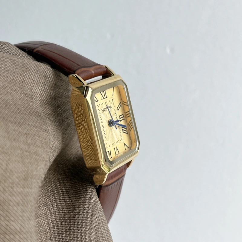 MoHer Watch Gold Rectangle Face Brown Leather Band Watch for Women