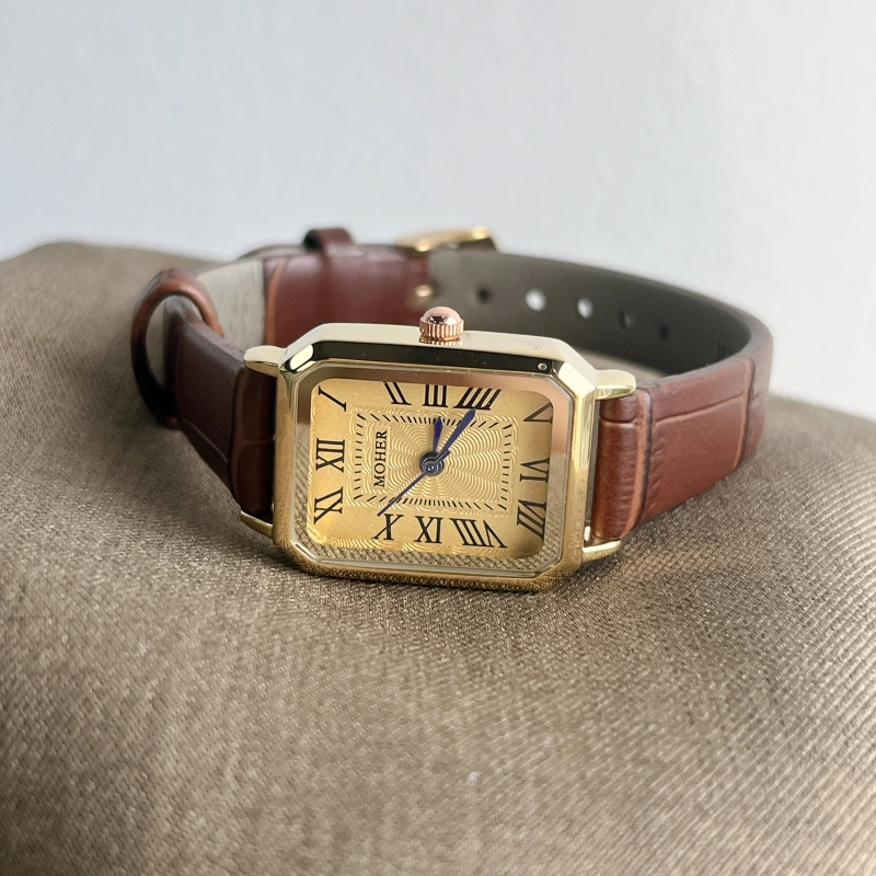 MoHer Watch Gold Rectangle Face Brown Leather Band Watch for Women