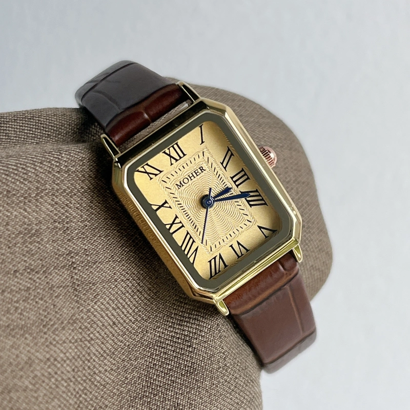 MoHer Watch Gold Rectangle Face Brown Leather Band Watch for Women
