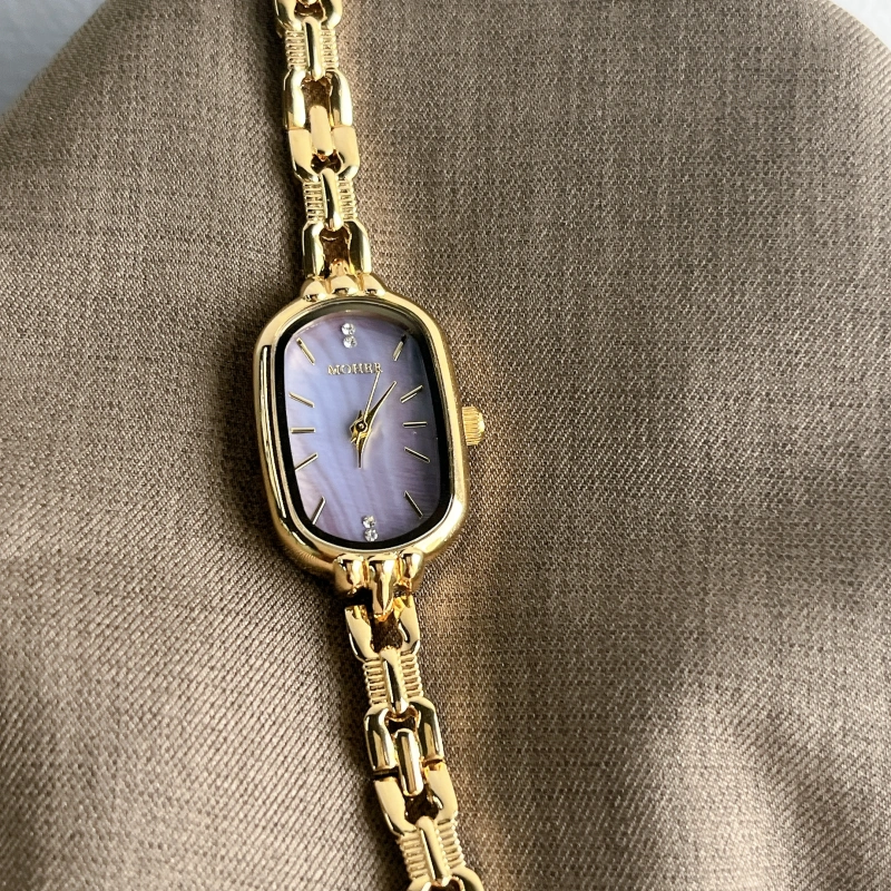 MoHer Watch Purple Mother of Pearl Dial Gold Oval Bracelet Watch for Women