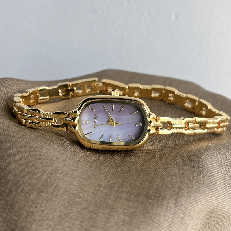 MoHer Watch Purple Mother of Pearl Dial Gold Oval Bracelet Watch for Women