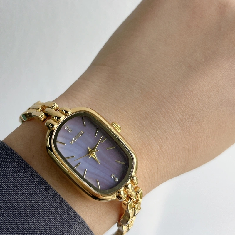 MoHer Watch Purple Mother of Pearl Dial Gold Oval Bracelet Watch for Women