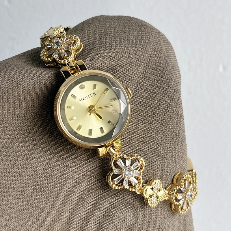 MoHer Watch Gold Clover Crystal Bracelet Watch for Women