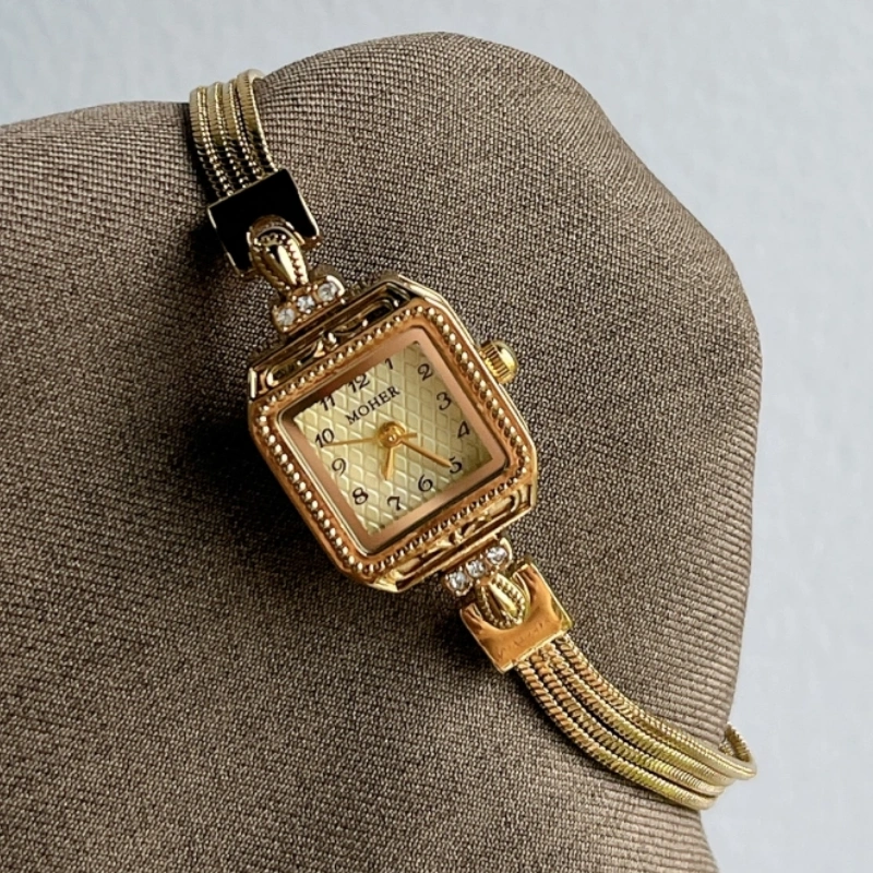 MoHer Watch Gold Square Small Face Slim Chain Bracelet Watch for Women