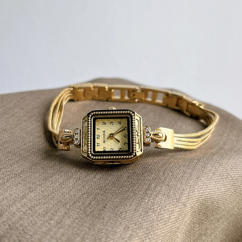 MoHer Watch Gold Square Small Face Slim Chain Bracelet Watch for Women