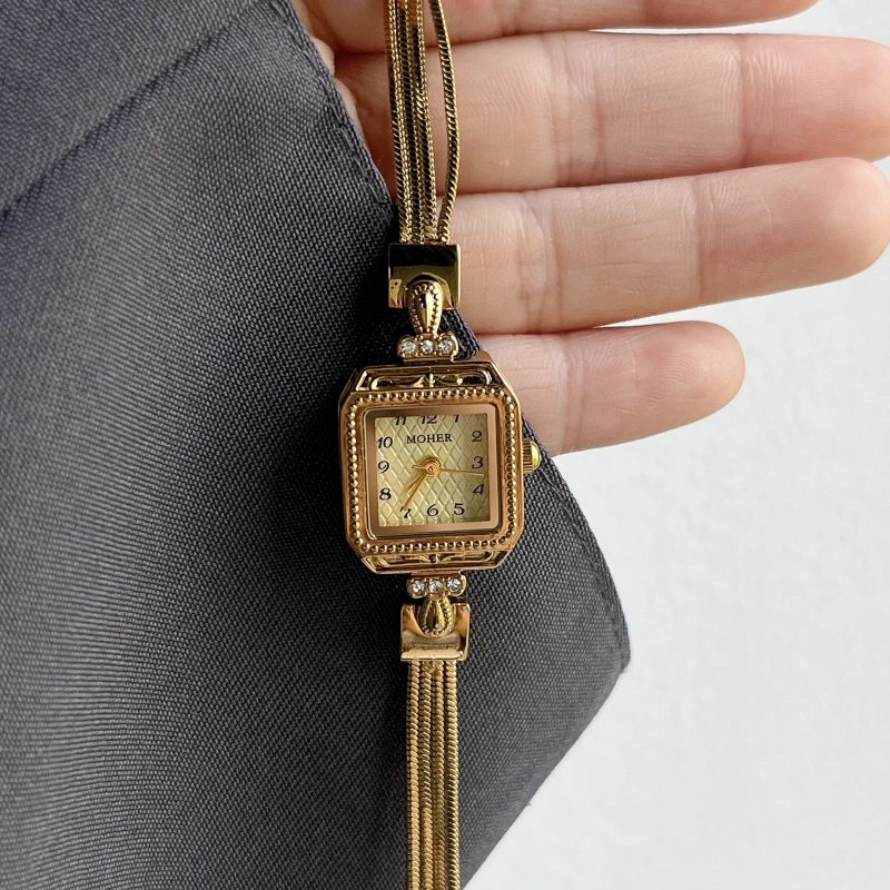 MoHer Watch Gold Square Small Face Slim Chain Bracelet Watch for Women