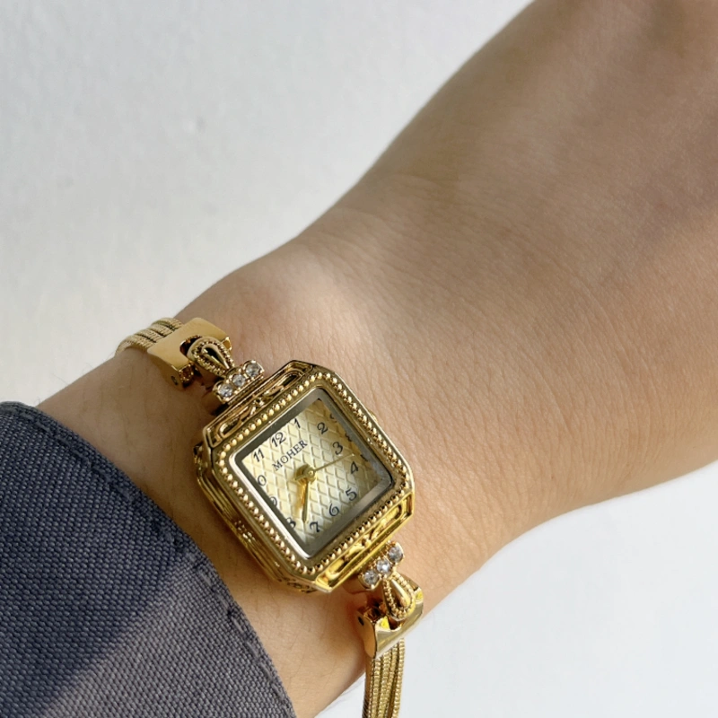 MoHer Watch Gold Square Small Face Slim Chain Bracelet Watch for Women