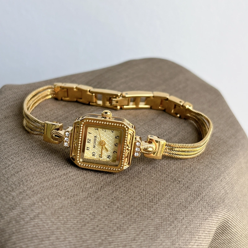MoHer Watch Gold Square Small Face Slim Chain Bracelet Watch for Women