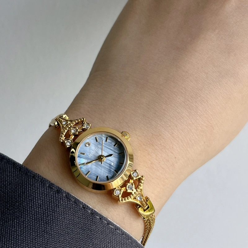 MoHer Watch Gold Small Face Blue Mother of Pearl Slim Chain Bracelet Watch for Women