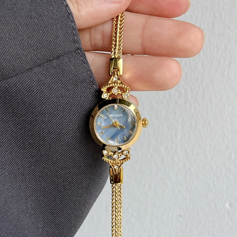 MoHer Watch Gold Small Face Blue Mother of Pearl Slim Chain Bracelet Watch for Women