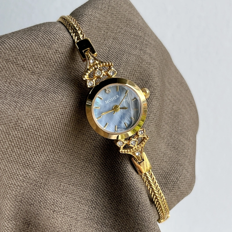 MoHer Watch Gold Small Face Blue Mother of Pearl Slim Chain Bracelet Watch for Women