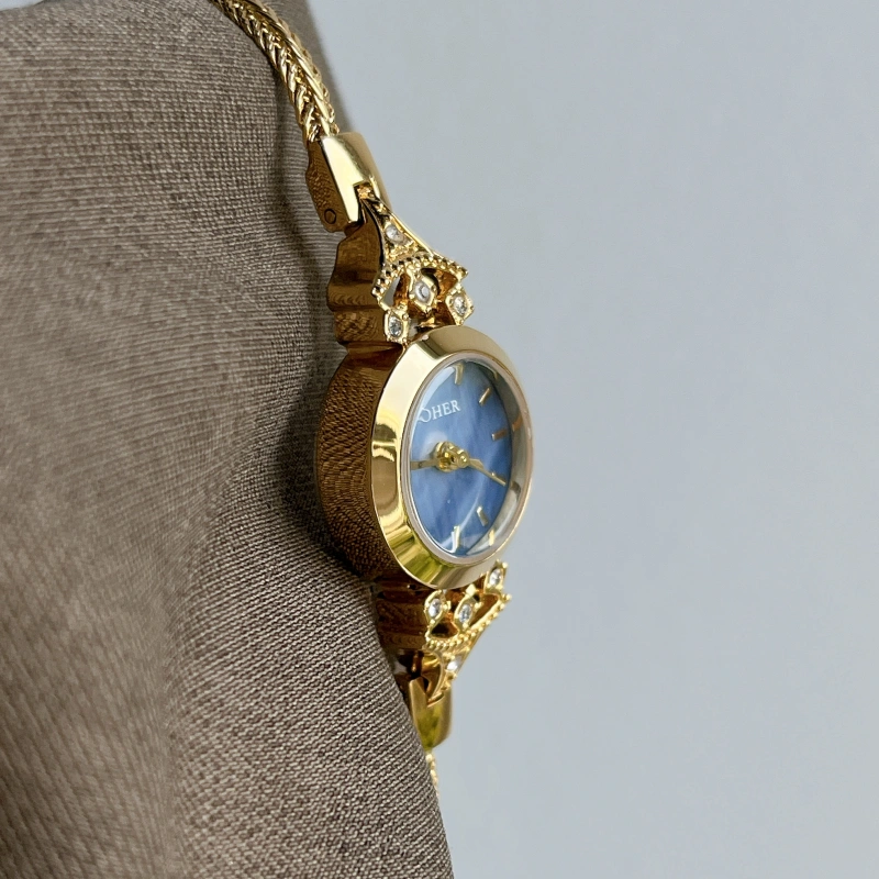 MoHer Watch Gold Small Face Blue Mother of Pearl Slim Chain Bracelet Watch for Women