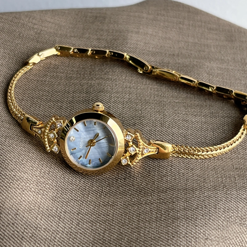 MoHer Watch Gold Small Face Blue Mother of Pearl Slim Chain Bracelet Watch for Women