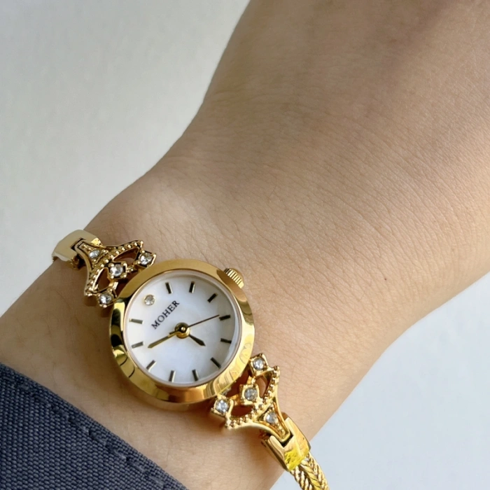 MoHer Watch Gold Small Face White Mother of Pearl Bracelet Watch
